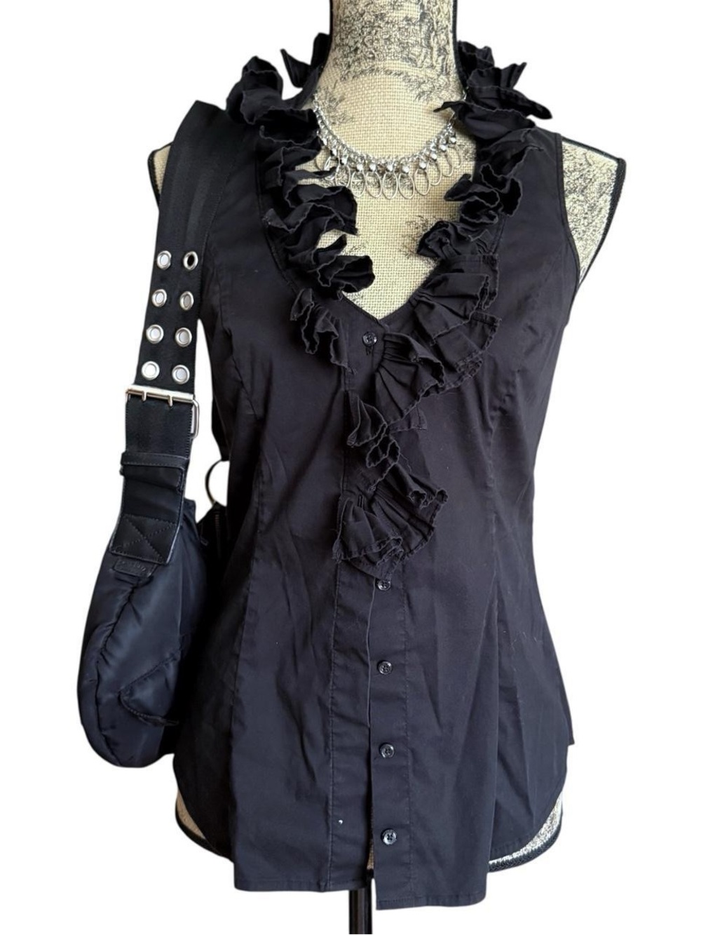 Sleeveless Ruffle Front Black Button-Up Top Size 2